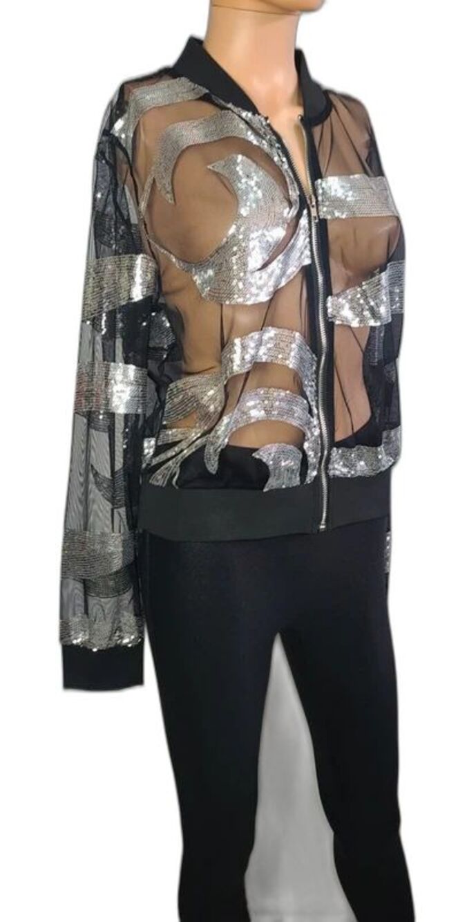 Touch Me Sequin Mesh Bomber Jacket Black Silver Swirl Rave Festival Glam Large